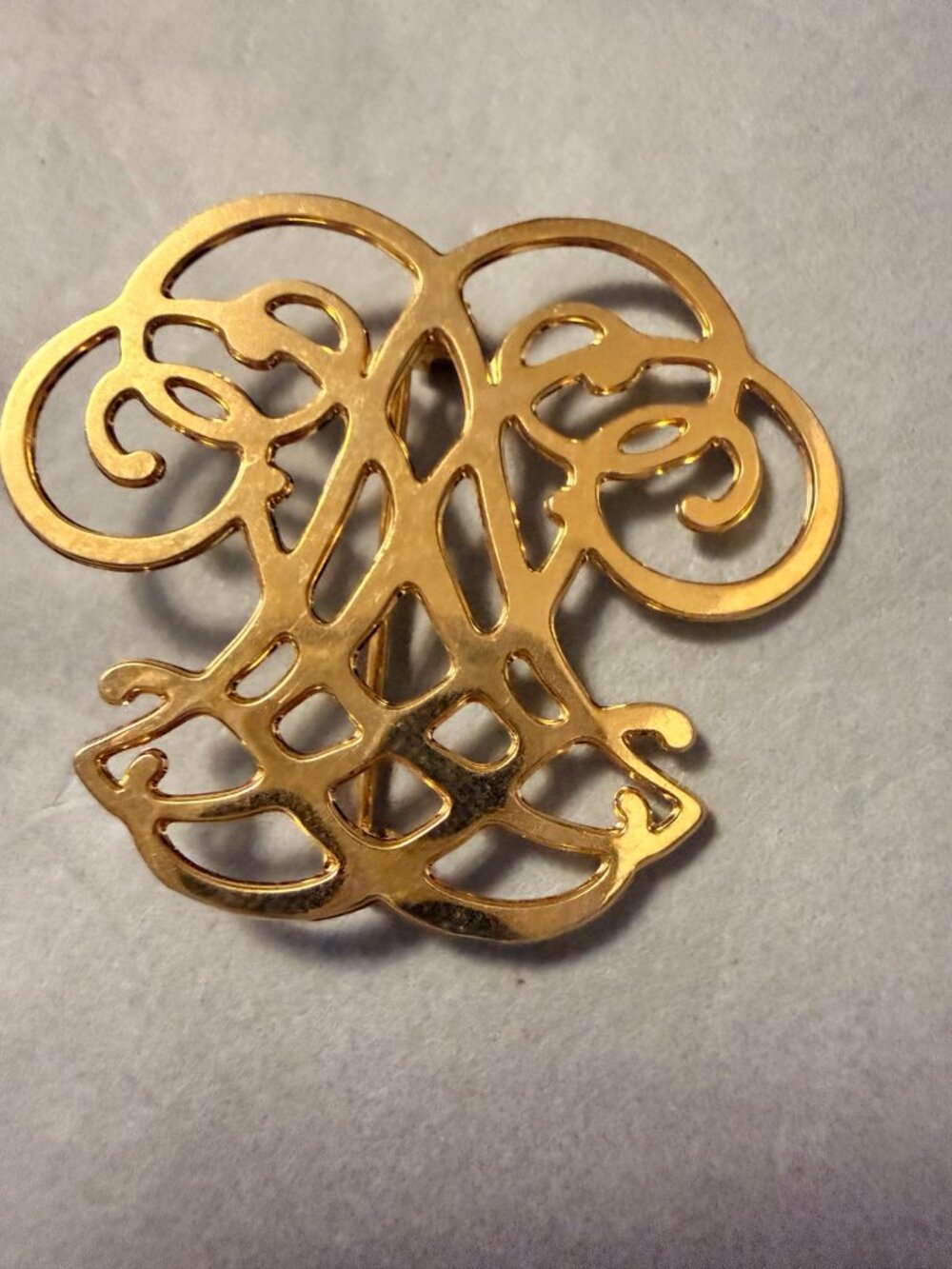 Gold Tone Abstract Tree of Life Brooch Openwork Scroll Filigree Pin
